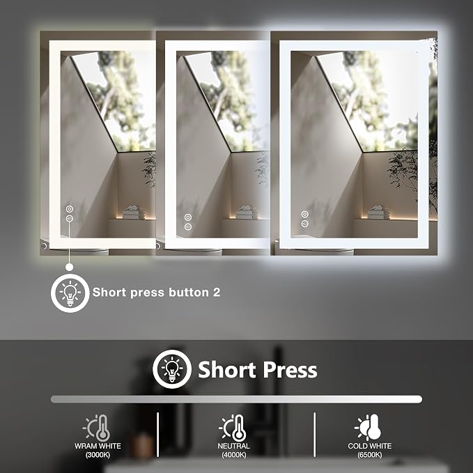 DUMOS 36.1"x48.1" LED Bathroom Mirror, Bathroom Vanity Mirror | Smart Anti-Fog, Front Light and Backlit, 3 Color Temperatures, Dimmable, Memory Function