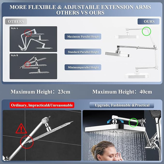 14 Inch Rain Shower Head with Handheld Spray Combo and Extention Arm, Rainfall Waterfall High Pressure Large Shower Heads, Dual Showerhead with 3-Way Diverter - Height/Angle Adjustable(Chrome)