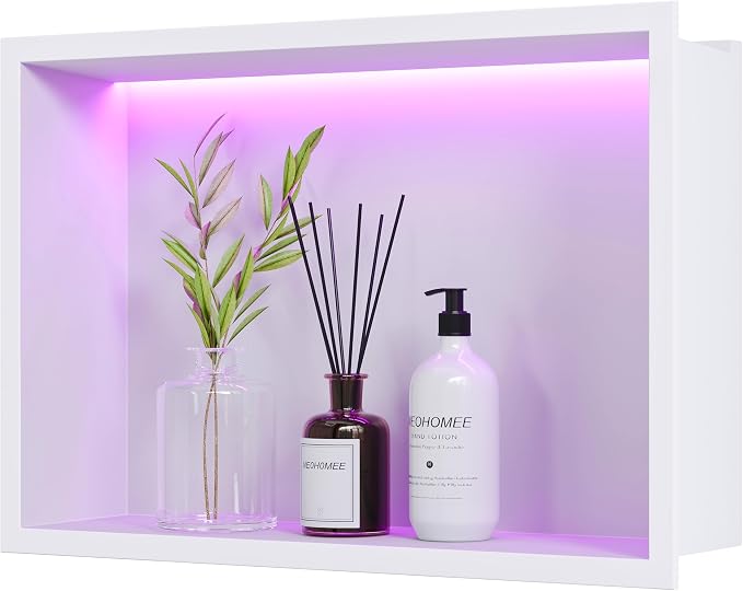 White Stainless Steel Shower Niche 18x12Inch, Dimmable RGB Led Light Wall Niche, No Tile Needed Recessed for Bathroom Storage Built-in Installation