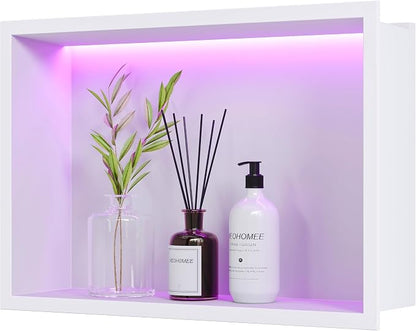 White Stainless Steel Shower Niche 18x12Inch, Dimmable RGB Led Light Wall Niche, No Tile Needed Recessed for Bathroom Storage Built-in Installation