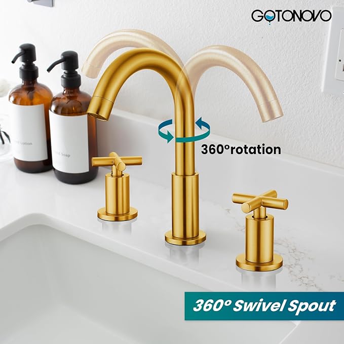 gotonovo 3 Hole Bathroom Faucet 8 inch Widespread Sink Vanity Faucet for Bathroom Sink 2 Cross Handle Deck Mount Basin with Pop Up Drain 360° Swivel Spout Dark Gold