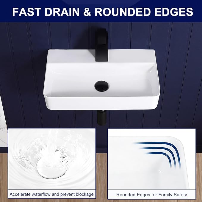 Wall Mount Bathroom Sink 21"x12" Small Vessel Sink Wall Mounted Rectangular Wall Hung Mini White Porcelain Ceramic Floating Tiny Sink,Easy Install, Durable, Space-Saving, Ideal for Home,RV
