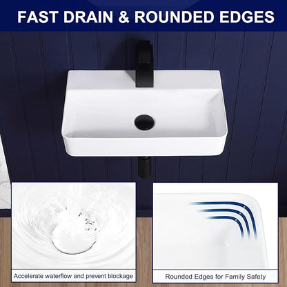 Wall Mount Bathroom Sink 21"x12" Small Vessel Sink Wall Mounted Rectangular Wall Hung Mini White Porcelain Ceramic Floating Tiny Sink,Easy Install, Durable, Space-Saving, Ideal for Home,RV