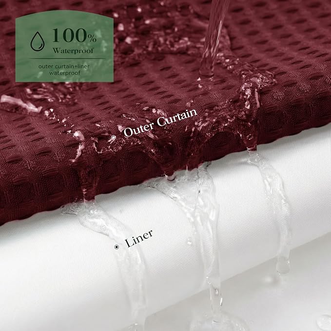 Burgundy Hook Free Waffle Shower Curtain & Snap Fabric Liner,72x99 | Less Time to install, 3 in 1 Fabric Shower Curtain and Liner Set with Magnets, Extra Long, Shower Curtains for Bathroom