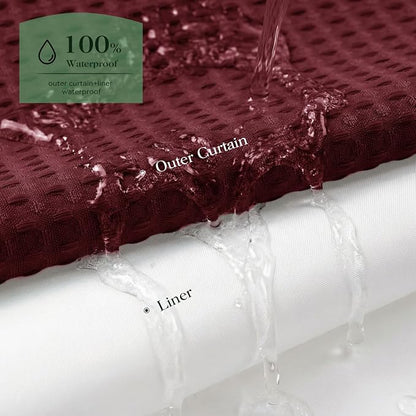 Burgundy Hook Free Waffle Shower Curtain & Snap Fabric Liner,72x75 | Less Time to install, 3 in 1 Fabric Shower Curtain and Liner Set with Magnets, Mesh Top Window, Shower Curtains for Bathroom