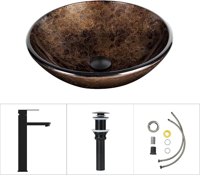 Bathroom Artistic Vessel Sink, Tempered Glass Vanity Round Bowl, Brown | Black Faucet, Pop Up Drain, Above Counter, Easy Clean