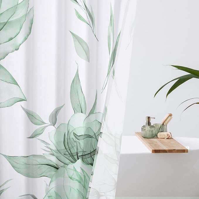Litabel Extra Long Boho Watercolor Floral Shower Curtain 72 x 84, Green and Grey Ink Painting Style Flower Shower Curtains for Chic Elegant Bathroom, Artistic XL Fabric Cloth Shower Curtain