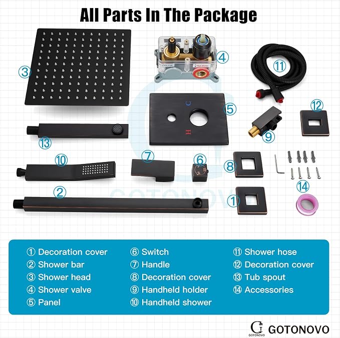 gotonovo Bathtub Shower Faucet Set, 10 Inch Shower Head, Oil Rubbed Bronze | Wall Mounted Shower System with Tub Spout for Bathroom, Square High Pressure Rain Shower head with Handheld Spray, All Metal