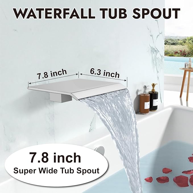 Midanya Shower System with Tub Spout,12 Inch Shower Head,Polish Chrome | with Valve & Trim Kit,Square Rain Head,Handheld Sprayer,Waterfall Spout,All Metal Wall Mount Bathroom Shower Tub Faucet Set