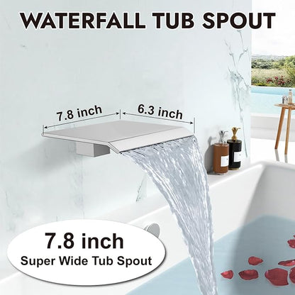 Midanya Shower System with Tub Spout,12 Inch Shower Head,Polish Chrome | with Valve & Trim Kit,Square Rain Head,Handheld Sprayer,Waterfall Spout,All Metal Wall Mount Bathroom Shower Tub Faucet Set