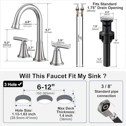 Bathroom Faucets for Sink 3 Hole, Hurran Brushed Nickel Bathroom Sink Faucet with Pop-up Drain and Supply Lines, Stainless Steel Lead-Free Widespread Faucet for Vanity RV Farmhouse Sink