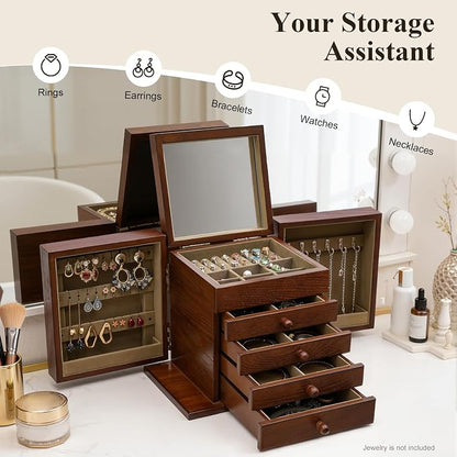Extra Large Four-Leaf Carved 5 Layers Wooden Jewelry Box Jewelry Case Cabinet Armoire Ring Necklacel Gift Storage Box Organizer (5 Layers,Brown,Style 2)