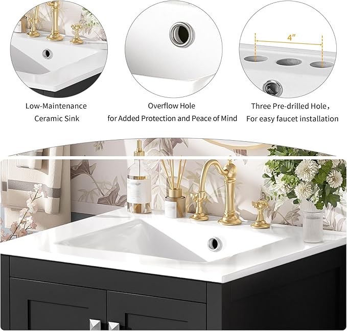 24" Freestanding Bathroom Vanity with Sink, Floor Stand Bathroom Storage Cabinet with Ceramic Sink, Doors with Double-Layered Storage Shelves, Modern Compact Vanity with Divided Drawer, Black