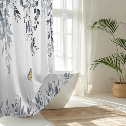 No Hook Shower Curtain and Liner Set, Blue Grey Eucalyptus 71x84 | Floral Design, with Snap in Liner, See-Through Top Window, Waterproof, Machine Washable, Quick-Drying, for Hotel Bathroom