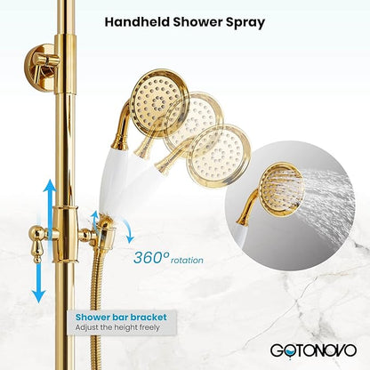 gotonovo Bathroom Exposed Shower Faucet Outdoor Shower System 8 Inch Rainfall Shower Head Set with Tub Spout and Handheld Spray Double Cross Handles Wall Mount without Shower Shelf Polished Gold