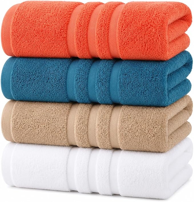 Velqora Bath Towels 4 Pack, 30x60 in, 100% Cotton, Soft, Multicolor | Coral, Blue, Beige & White Mix | Absorbent Terry | Balanced Weight | Easy Care