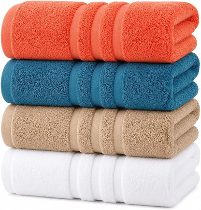 Velqora Bath Towels 4 Pack, 30x60 in, 100% Cotton, Soft, Multicolor | Coral, Blue, Beige & White Mix | Absorbent Terry | Balanced Weight | Easy Care