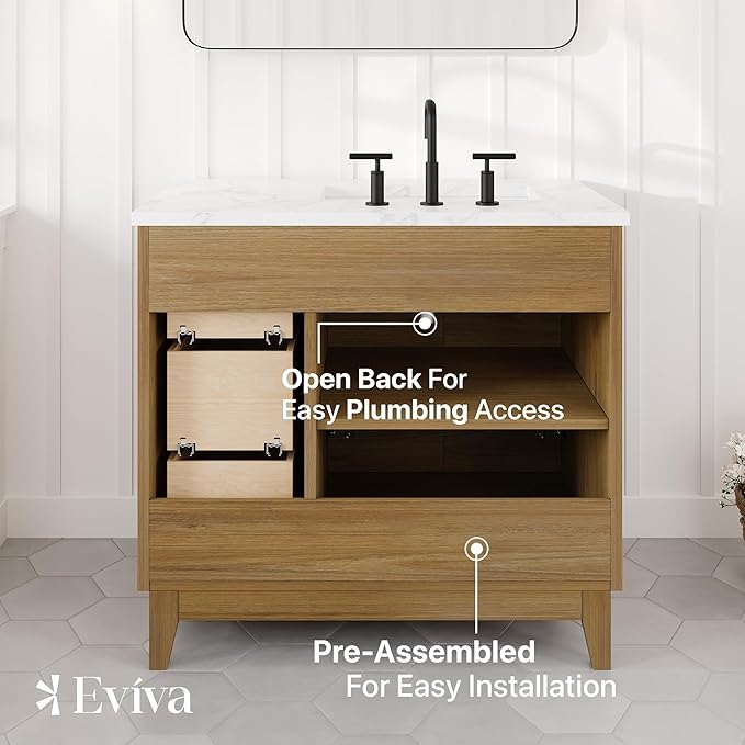 Eviva Graham 36 in. Oak Single Sink Bath Vanity with Arabescato Engineered Stone Top and Undermount Porcelain Sink