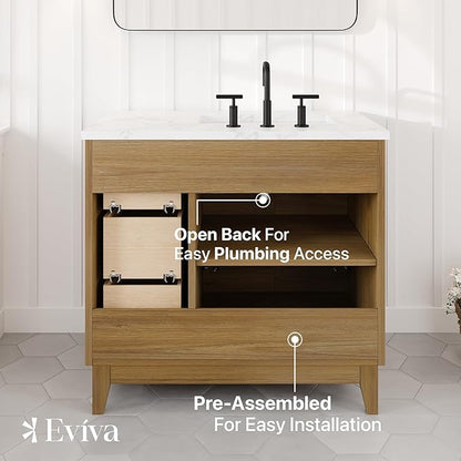 Eviva Graham 36 in. Oak Single Sink Bath Vanity with Arabescato Engineered Stone Top and Undermount Porcelain Sink