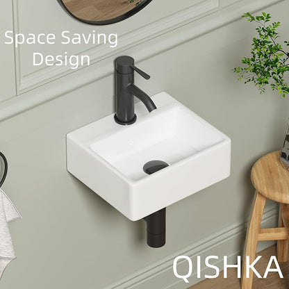 Wall Hung Bathroom Vessel Sink, QISHKA 13" X 11.5" Rectangular Floating Ceramic Wash Hand Basin White Wall Mount Vanity Sink for Small Bathroom and Small Cloakroom