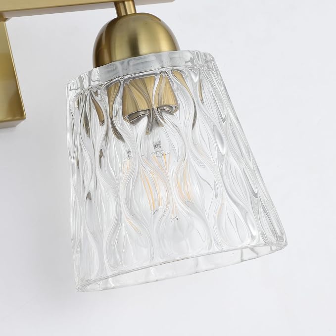 Mecgirn Stainless Steel Bathroom Vanity Light Over Mirror, 2 Light Brushed Gold Bathroom Light Fixtures with Textured Glass Shades, Modern Vanity Lighting Wall Mount