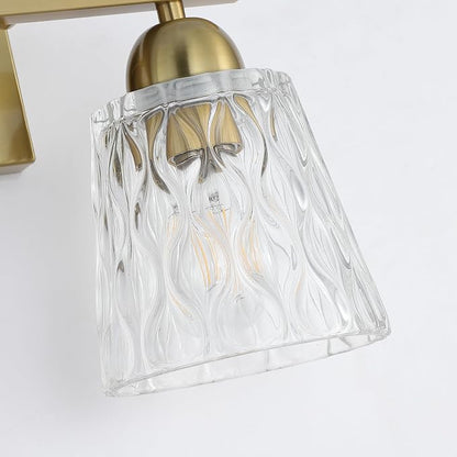 Mecgirn Stainless Steel Bathroom Vanity Light Over Mirror, 2 Light Brushed Gold Bathroom Light Fixtures with Textured Glass Shades, Modern Vanity Lighting Wall Mount