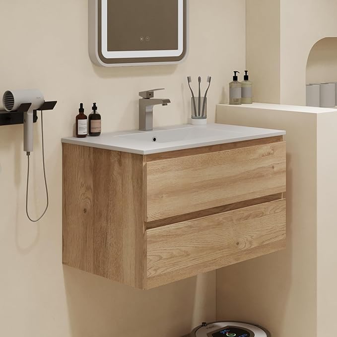 Floating Bathroom Vanity Without Sink Wall Mounted Cabinet with 2 Soft-Close Drawers and Doors, Moisture-Resistant MDF,Large Storage for Small Space (30")