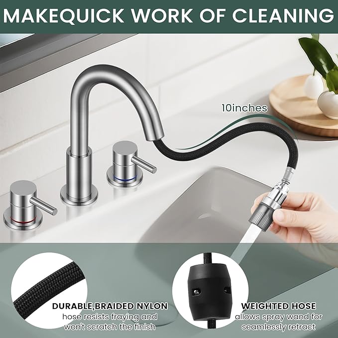 Pull Down Bathroom Faucet for Sink 3 Hole,8 inch Widespread Brushed Nickel Bathroom Sink Faucet with Pop Up Drain, Water Supply Hoses