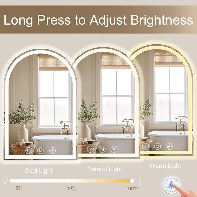 Arched LED Bathroom Mirrors with Lights 24"x36", Anti-Fog,LED Mirrors with Light, Anti-Fog, Dimmable, 3 Color, Shatterproof, Touch Sensor