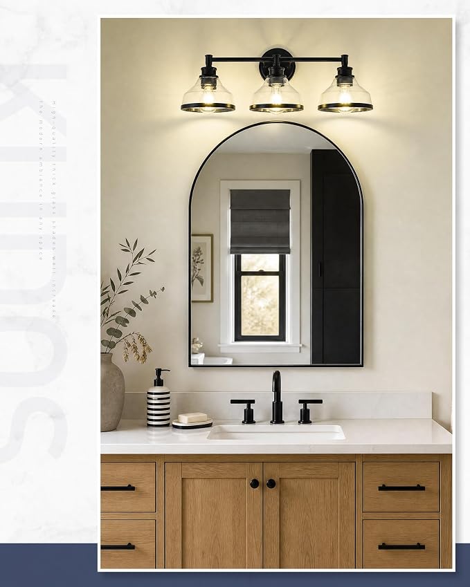 kudos 3-Light Matte Black Vanity Light, Clear Glass Shade | 24" bathroom light fixtures over mirror, upward or downward, E26 base, bulbs not included, Hardwired, KDVL20-BK-3