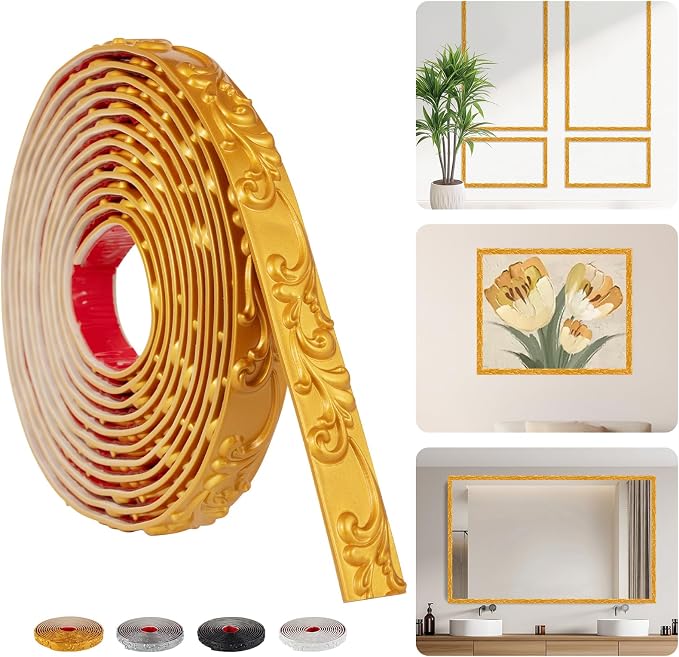 16.4FT x 1.02'' Gold Crown Molding Trim Peel and Stick – Flexible Decorative Mirror Frame Border, Self-Adhesive Trim for Doors & Cabinets