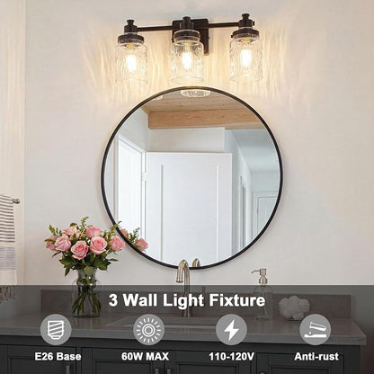 3 Light Bathroom Light Fixtures Farmhouse Black Vanity Lights | ETL Certificate, Easy to Install,Wall Mount Up or Down,Hammered Glass Lampshade,E26 Socket,Hardwired,120V