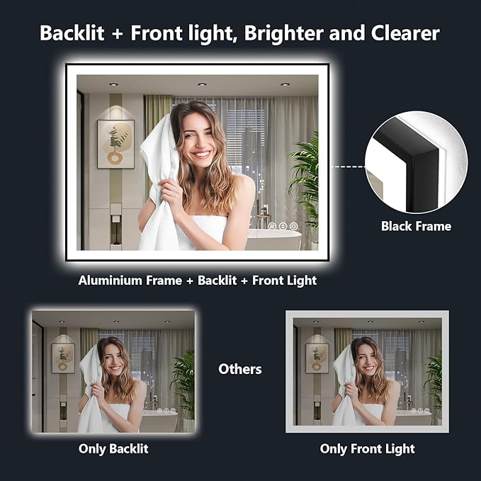 40x36 LED Bathroom Mirror with Lights, Black Framed Lighted Mirror | Backlit and Front Light, Anti-Fog, 3 Color Dimmable, Memory, Tempered Glass, IP54 Waterproof, UL Listed