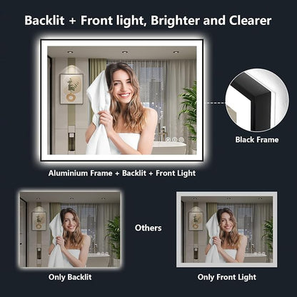 48x36 LED Bathroom Mirror with Lights, Black Framed Lighted Mirror | Backlit and Front Light, Anti-Fog, 3 Color Dimmable, Memory, Tempered Glass, IP54 Waterproof, UL Listed