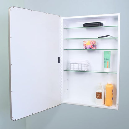 20x30 Austin Farmhouse Metal Framed Rounded Rectangle Recessed Bathroom Medicine Cabinet, Beveled Mirror, 18x28 in-Wall Opening, powder-coated Steel, Adjustable Glass Shelves, Brushed Nickel