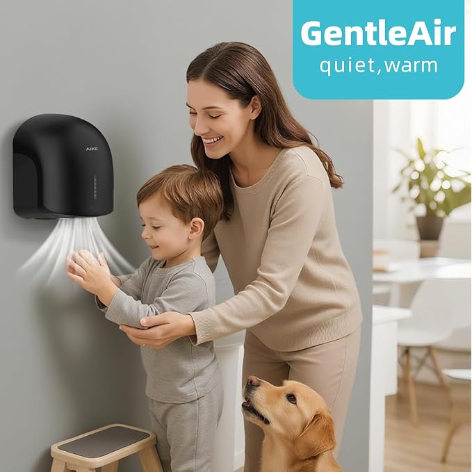 AIKE GentleAir Warm Hand Dryer,Low Noise for Home Bathroom,Midnight Black | GentleAir Warm Dry,Plug-in Easy Install and Low Noise Experience for Home Bathroom,Smart and Sophisticated ABS Look,AK2637