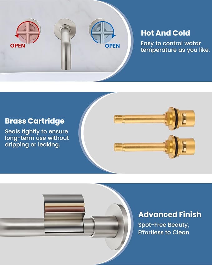 Airuida Solid Brass Brushed Nickel Wall Mount Bathroom Faucet | 360° Swivel Spout,Rough in Valve,2 Cross Handle,3 Hole,Widespread