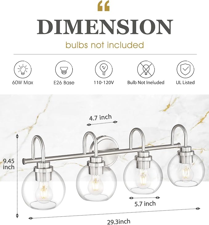 Bathroom Light Fixtures, 4-Light Brushed Nickel Vanity Lights Over Mirror with Globe Clear Glass, 30 Inch Modern Vanity Lighting Fixtures, AD-22280-4W-SN