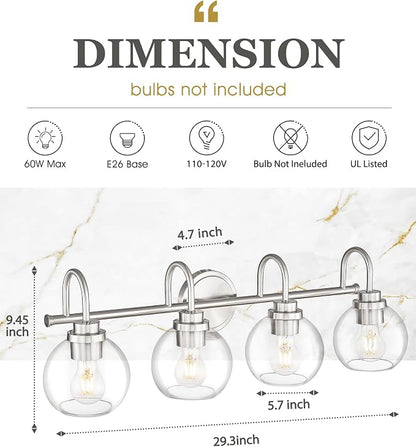 Bathroom Light Fixtures, 4-Light Brushed Nickel Vanity Lights Over Mirror with Globe Clear Glass, 30 Inch Modern Vanity Lighting Fixtures, AD-22280-4W-SN