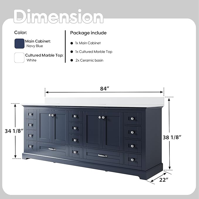 WELLFOR 84 Inch Bathroom Vanity with Double Sinks, Bathroom Freestanding Vanity W/4 Soft-Close Doors and 14 Drawers, Large Storage Space Vanity, Cultured Marble Countertop Vanities (Navy Blue)