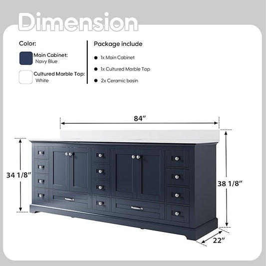 WELLFOR 84 Inch Bathroom Vanity with Double Sinks, Bathroom Freestanding Vanity W/4 Soft-Close Doors and 14 Drawers, Large Storage Space Vanity, Cultured Marble Countertop Vanities (Navy Blue)