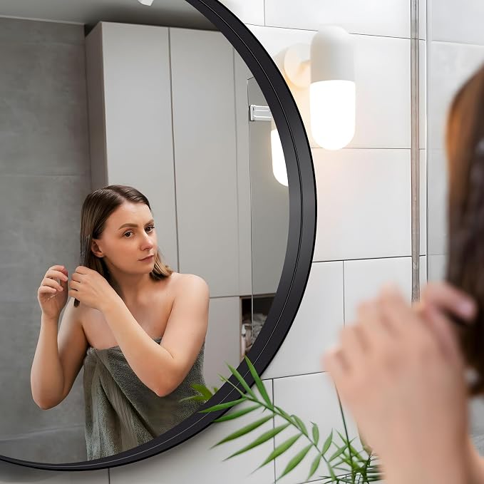 Black Round Mirror 42 inch Deep Frame Circle Mirror, Metal Frame Round Bathroom Mirror, Circle Mirrors for Wall Entryway Washroom Bedroom Living Room Hallway