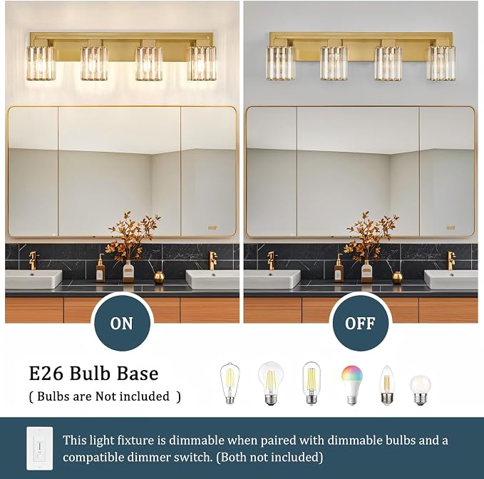 Brushed Gold Bathroom Light Fixtures, 3-Light Vanity Light Over Mirror | Wall Sconces with Square Crystal Shades, E26 Socket, Modern Vanity Lights for Bathroom (Bulbs Not Included)