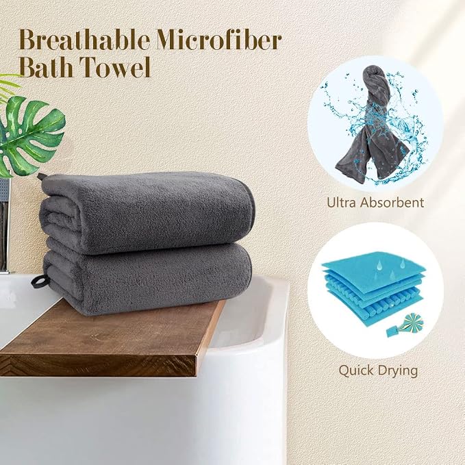 Orighty Bath Towels, Soft Feel Bath Towel, 4 Pack (27'' x 54'') | Highly Absorbent, Quick Drying Microfiber Towels for Body, Sport, Yoga, SPA, Fitness, Bathroom - Grey