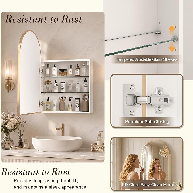 FKWin Medicine Cabinet Mirror for Bathrooms, Wall Mount Storage 20x30 inch | Gold Bathroom Mirror with Storage, Elegant Bathroom Upgrade, Adjustable Shelves, Reversible Door, Luxury Finish