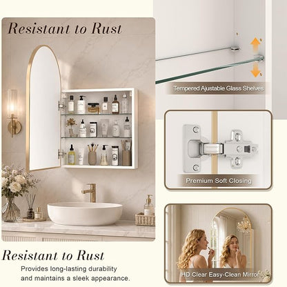 FKWin Medicine Cabinet Mirror for Bathrooms, Wall Mount Storage 20x30 inch | Gold Bathroom Mirror with Storage, Elegant Bathroom Upgrade, Adjustable Shelves, Reversible Door, Luxury Finish
