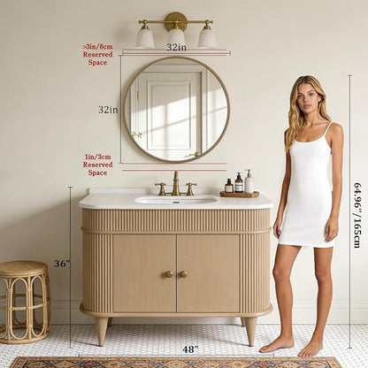 Round Wood Mirror, 32" Round Modern Decoration Large Circle Wall Mirror for Bathroom Living Room Bedroom Entryway, Honey