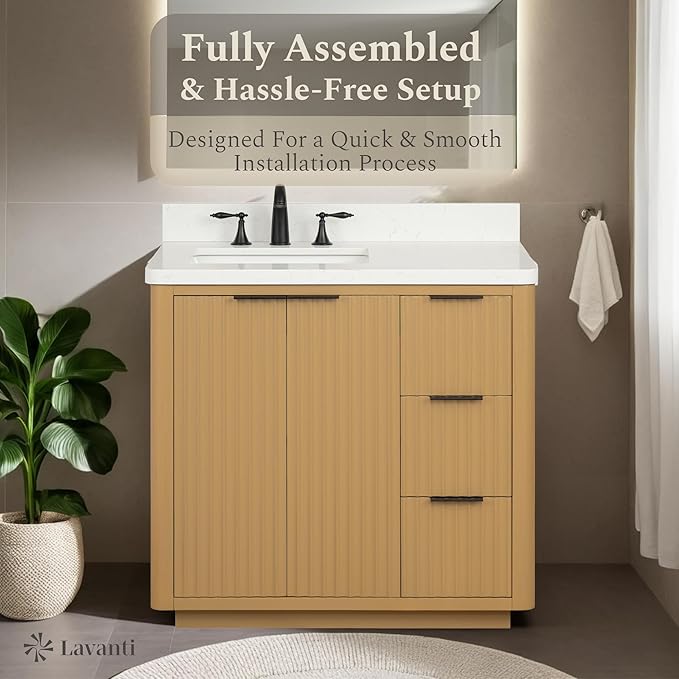 Lavanti Wooderna 36 Inch Bathroom Vanity with Sink – Stylish Firwood Oak Vanity Bathroom with Storage Cabinet – Modern Bathroom Vanities with Single Vanity Sink & Quartz Countertop