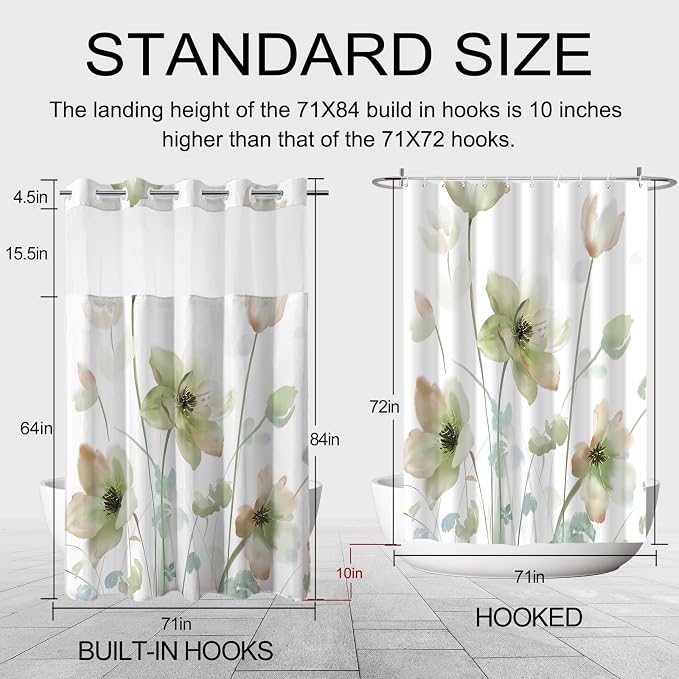 No Hook Shower Curtain and Liner Set, Light Green Floral 71x84 | Watercolor Boho Flower, with Snap in Liner, Mesh Top Window, Waterproof, Machine Washable, Quick-Drying, for Hotel Bathroom