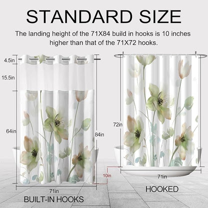 No Hook Shower Curtain and Liner Set, Light Green Floral 71x84 | Watercolor Boho Flower, with Snap in Liner, Mesh Top Window, Waterproof, Machine Washable, Quick-Drying, for Hotel Bathroom